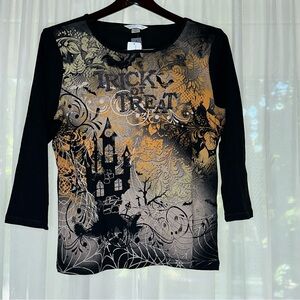 NWT Christopher&Banks HALLOWEEN Trick or Treat Womens L Petite Rhinestone Shirt
